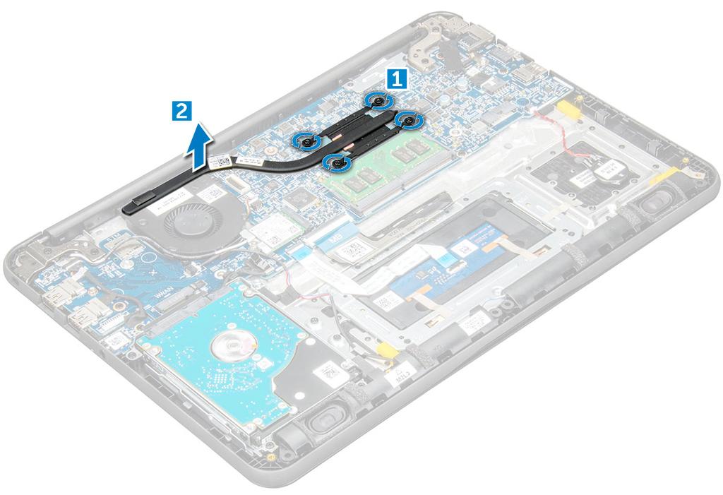 a b c microsd-kort kåpan batteriet 3 Gör så här för att ta bort kylflänsen: a Lossa M2,5 2,5-fästskruvarna som håller fast dissipatorn i datorn [1].