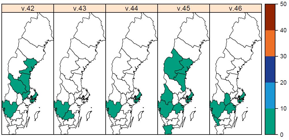 Sida 6 (14) Figur 1C. Andelen laboratorieanalyser positiva för influensa (alla typer) per, denna säsong och tidigare säsonger. Figur 2.