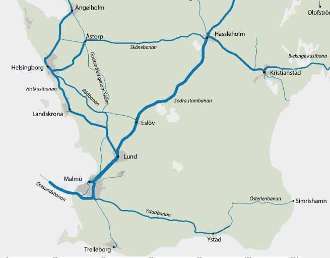 1.2. Framtida järnvägstrafik Hösten 2011 trafikerades Södra stambanan på sträckan Flackarp-Arlöv av ca 460 tåg per dygn, varav 80 st var godståg och resten persontåg.