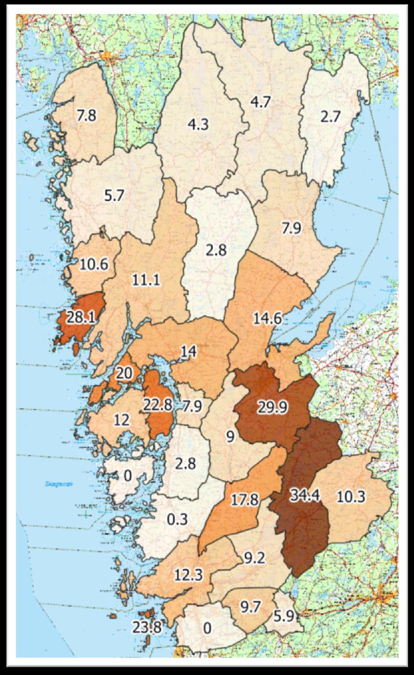 Avskjutning av klövvilt (ej älg) VGV 2016/2017 Enligt inkomna jaktrapporter så varierar avskjutningen av klövvilt inom VGV jaktåret 2016/2017 mellan 0,0 till 34,4 vilt per 1000 ha.