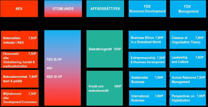 Finansinriktningen under fjärde året kan läsas av studenter som har läst företagsekonomisk eller nationalekonomisk inriktning. Valmöjligheter T5 Figur 2: Studentens valmöjligheter inför termin 5.