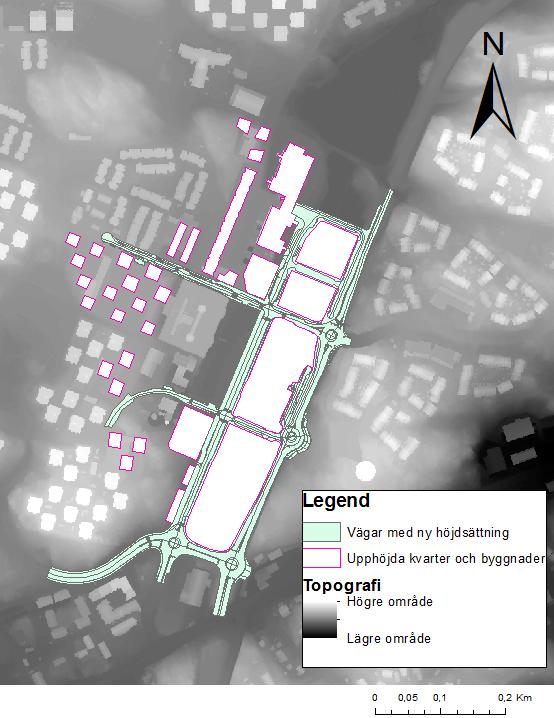 Figur 7. Karta visande topografi, vägar inkluderade i den nya höjdsättningen, samt kvarter och byggnader vilka höjts upp ur topografin för att generera så korrekta flödesvägar som möjligt. 3.