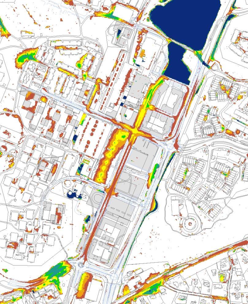 Figur 13, scenario 3, visar hur problematiska vattendjup (0,3 m eller större) uppkommer längs Kanholmsvägen, Edövägen och Ormingeringen. Figur 13.