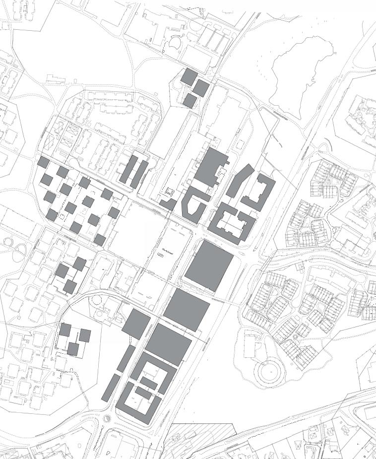 Figur 1. Strukturplan Orminge Centrum. Befintliga gator med planerad exploatering. Områdesgräns i rött. 1.1 Uppdragsbeskrivning Ramböll Sverige AB har fått i uppdrag att ta fram en skyfallsutredning för området kring Orminge Centrum som underlag för pågående och kommande detaljplanearbete.