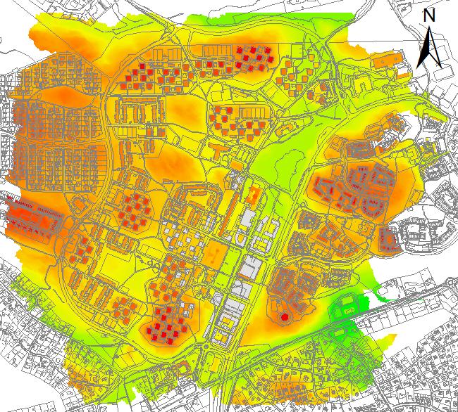 Figur 3. Avrinningsområde för Orminge Centrum som använts för skyfallssimuleringarna. Områdesgräns markerad med rött. 1.
