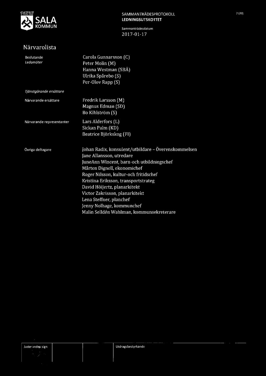 M SALA SAMMANTRÄDESPROTOKOLL LEDNINGSUTSKOTFET 2(20) Närvarolista Beslutande ledamöter Carola Gunnarsson [C] Peter Molin (M) HannaWestman(SBA) Ulrika Sp.