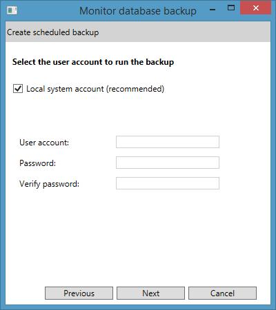 5. I nästa steg kan du välja det Windows-konto som ska logga in på servern och köra säkerhetskopieringen. Förvalt är systemkontot. Klicka sen på Next. 6.