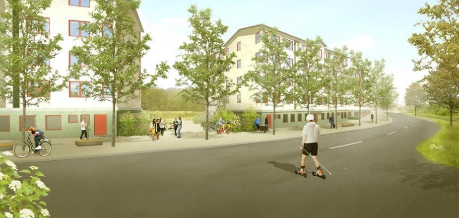 Vy sedd från korsningen med Nordengatan där den nya föreslagna bebyggelsen möter Flogstavägen. I detaljplanen tillåts en indragen sjätte våning mot gatan, som inte illustrerats på dessa bilder.