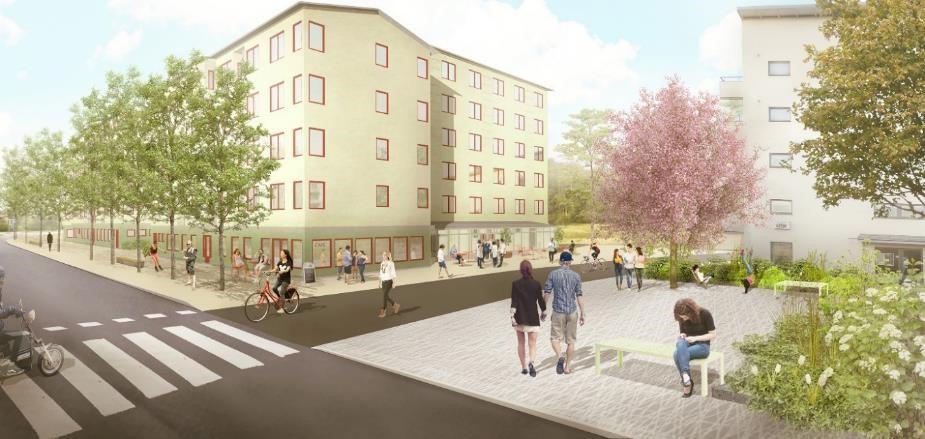 I detaljplanen tillåts en indragen sjätte våning mot gatan och en sjunde våning mot parken, som inte illustrerats på dessa bilder. Bjerking AB.