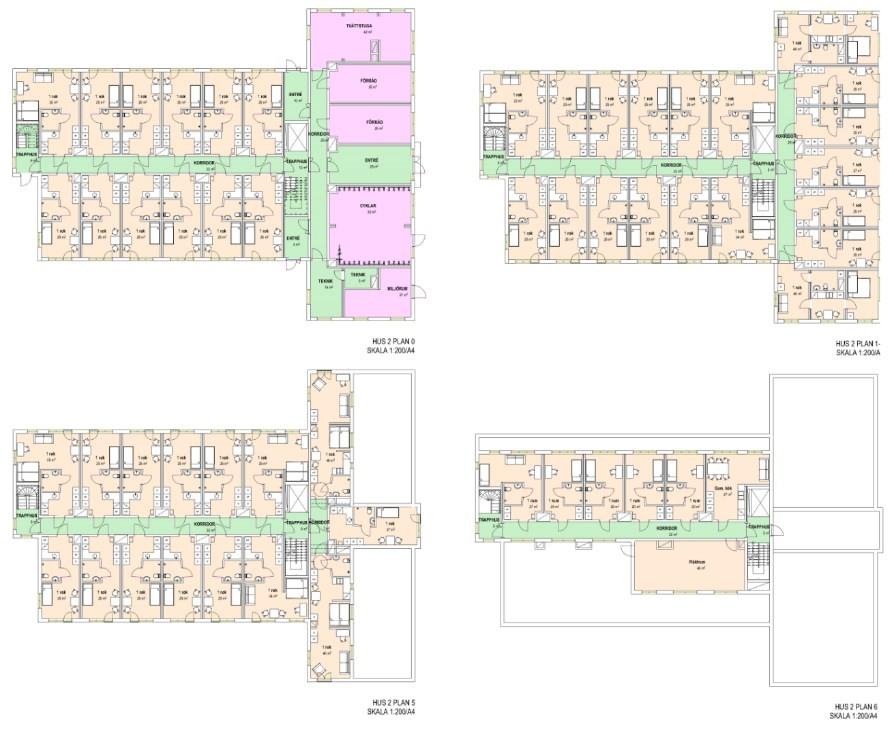 Förslag på planritningar för hus 2 4 (hus 1 ligger längst i norr). Bilden längst upp till vänster visar entrévåningen.