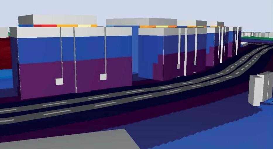 Illustration som visar buller på fasad mot nordost, maximal ljudnivå 75 80 dba. Bjerking AB.