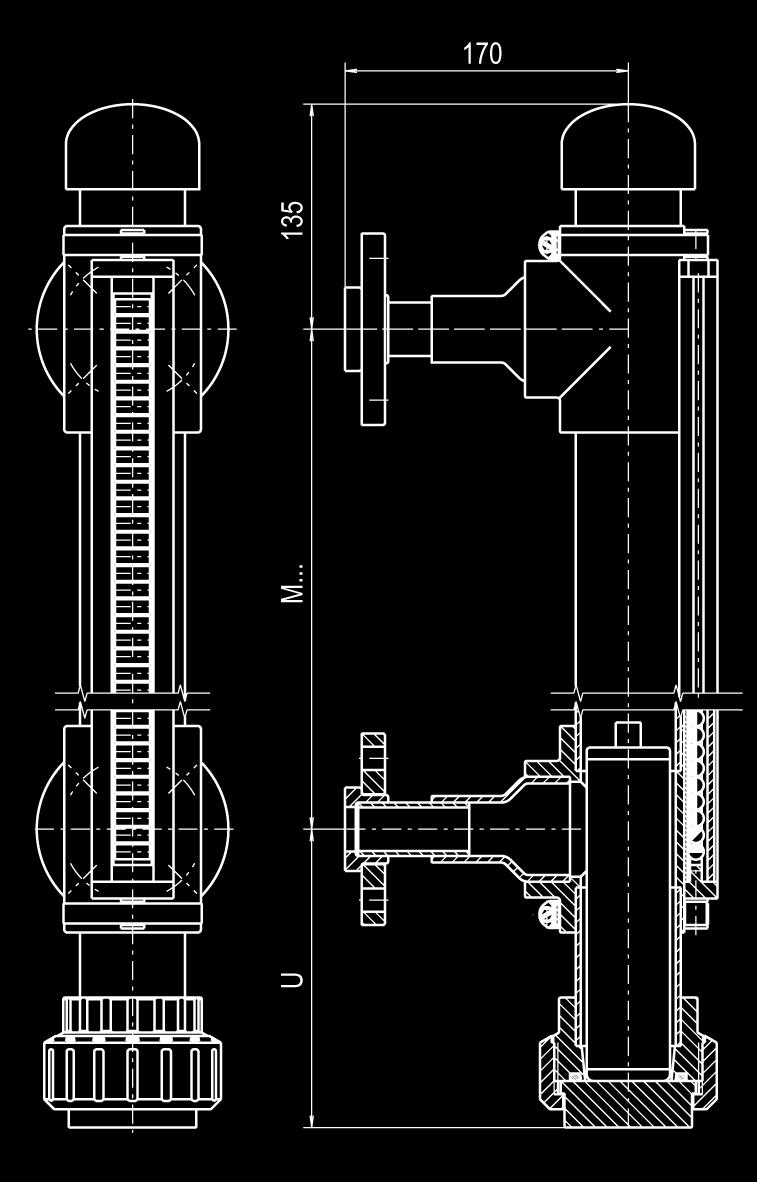 Nivåindikator, plastversion, modell BNA-P Bypasskammare och flottör av PVDF eller PP M = centrumavstånd för U = flottörens längd (minst 155 mm) Bypasskammare Ø 63 x 3 mm, max.