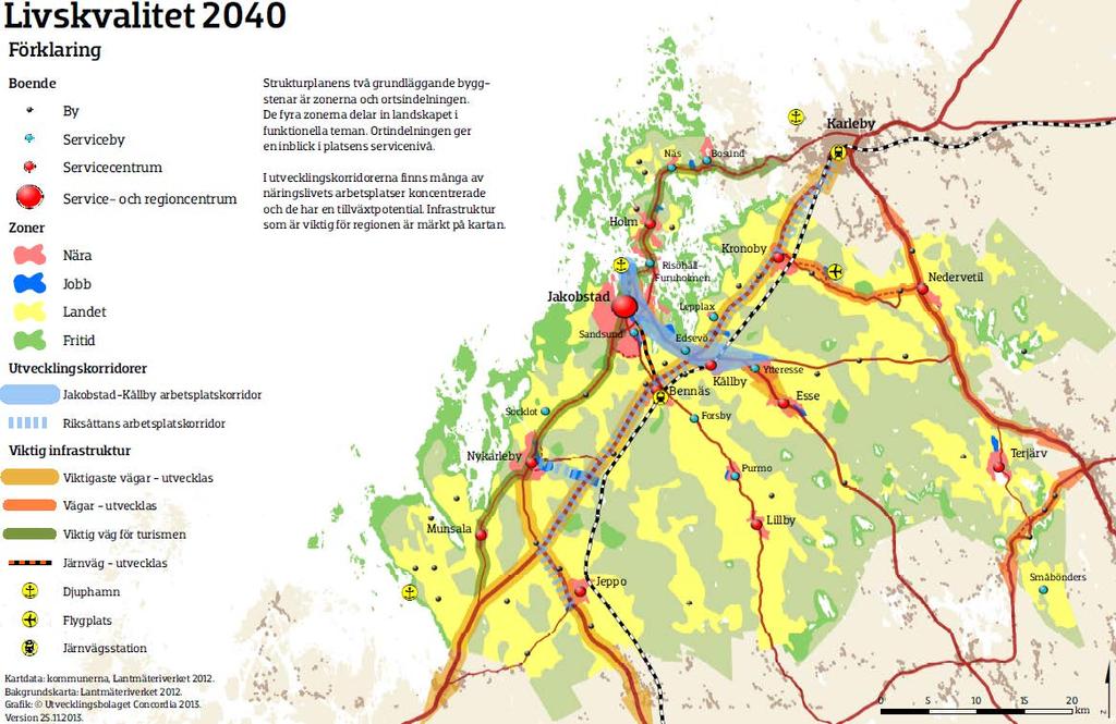 Zonerna är Nära (tätort och service), Jobb (arbetsplatsområden), Landet (byarna och den odlade marken) samt Fritid (rekreation, fritidshus och naturskydd).