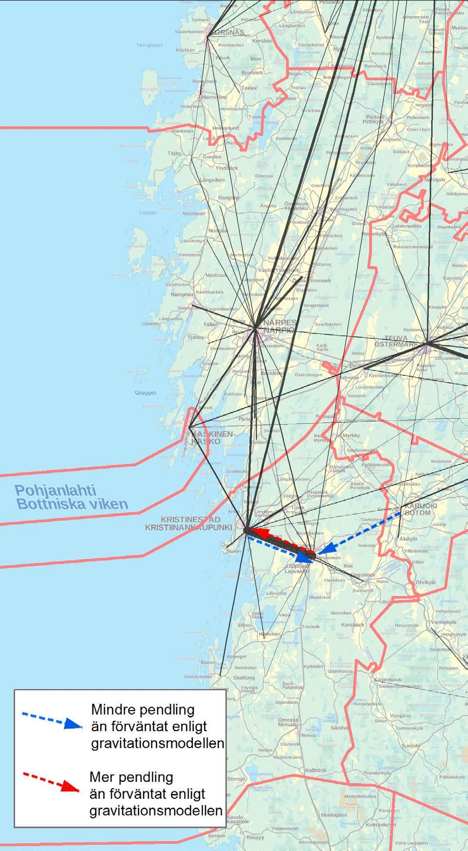 en är högre än förväntat till Jakobstad medan den är lägre än förväntat i motsatt riktning. Från Nykarleby pendlar färre än förväntat till Jakobstad medan fler än förväntat pendlar i motsatt riktning.