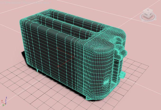 Brödrost med synliga paneler och i renderad version med krom-material.