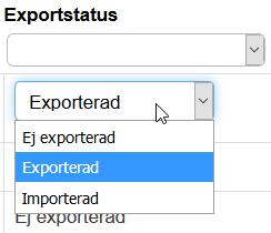 För att exportera klickar du på Exportera högst upp på sidan. Sidan frågar nu var du vill spara filen på din dator. Efter exporten ändras rapportens Exportstatus till Exporterad.