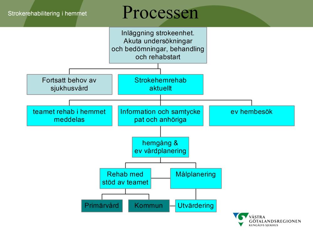 Patienten kan ingå i hemrehab efter en rehabperiod på strokeenheten. Vårdplanering sker vid behov enligt hemkommunens rutiner. Teamets sjuksköterska medverkar.