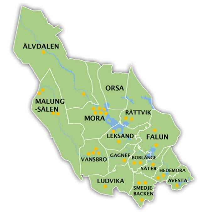 Gula punkter markerar antal beviljade stöd Analys Den geografiska fördelningen av beviljade stöd visar att stöd gått till Dalarnas alla kommuner utom Orsa.
