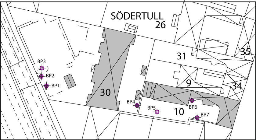 Figur 3. Kv Södertull 30 och 10, Lund. De 7 borrproverna är markerade med röda cirklar.