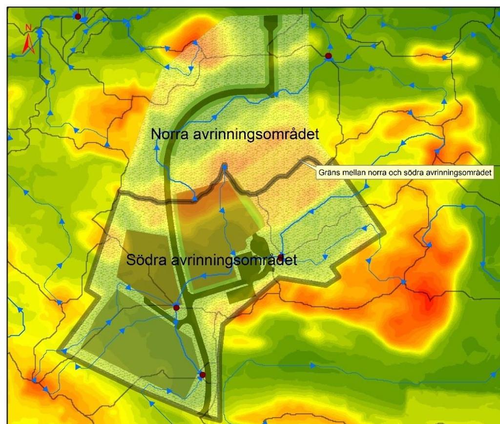 Höjdnivå: Figur 2: Avrinningsområden och beräknade flödesriktningar. Exploateringsområdet är en del av det södra avrinningsområdet.