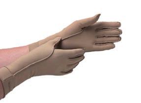 Vid ödembehandling vänds handskarna ut och in för att motverka tryck/skav. *Handskens längd från handled upp över underarm.