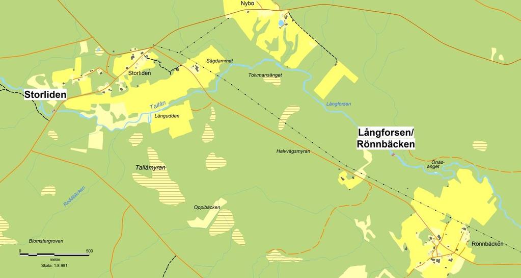 Figur 3. Ytorna där lekgruset är utlagt är markerat med röd färg vid namnet på lokalen; en lokal i Storliden och en lokal i Långforsen/Rönnbäcken.