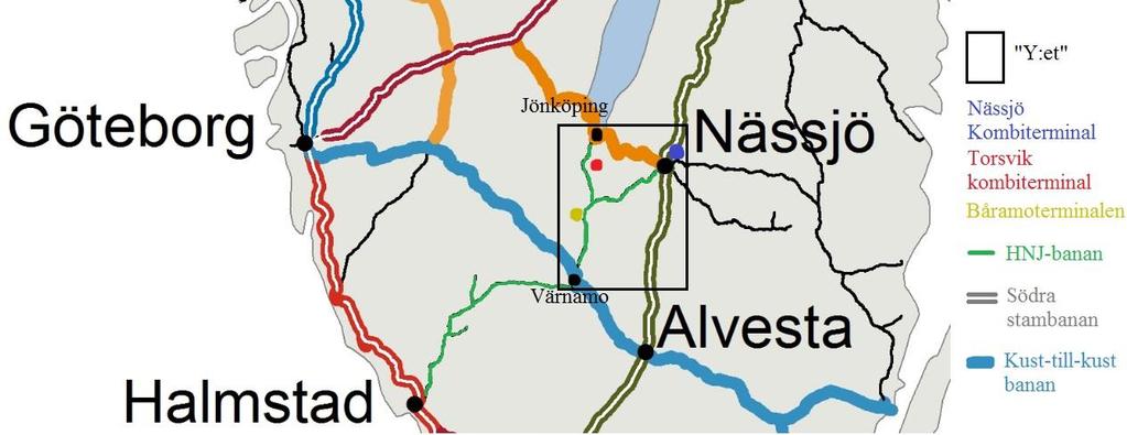 Med intermodalterminal menas enligt (Ahlberg, 2016) att minst två typer av transportsätt används vid terminalen, i denna studie läggs störst fokus på