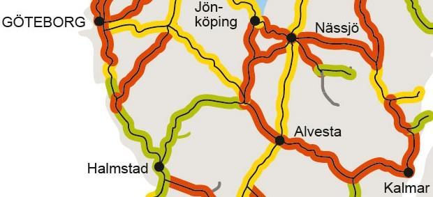igenom Gnosjöregionen har små eller inga kapacitetsbegränsningar, vilket alltså gör den grön. Figur 18: Begränsningar 2 mest belastade timmar (Trafikverket.se).