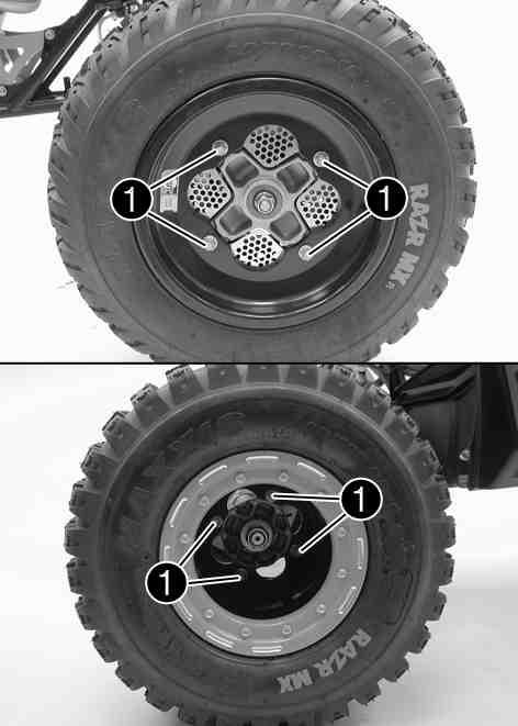 UNDERHÅLL AV CHASSI OCH MOTOR 108 Om det behövs måste arbetet utföras på samma sätt på alla hjulen. Placera hjulet på navet. Beakta framhjulens rotationsriktning. Placera hjulet försiktigt på navet.