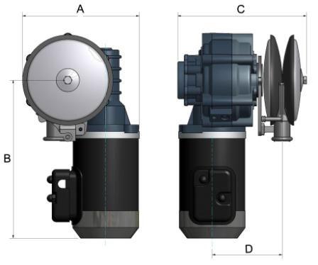 Måttskiss Maxi 34 - serien A: Höjd över däck 200 mm B: Längd över däck 255 mm C: Bredd över däck inkl.