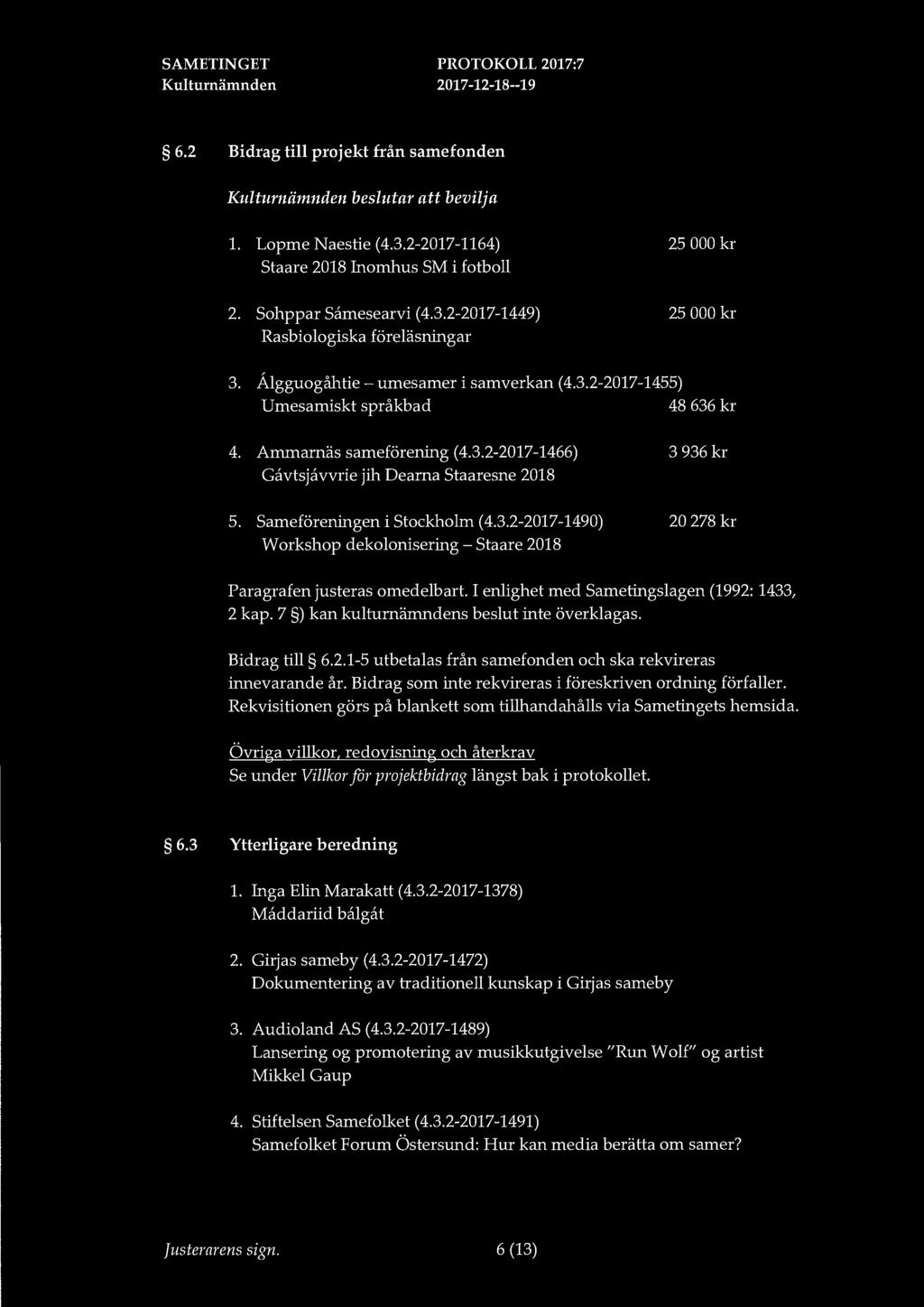 6.2 Bidrag till projekt från samefonden bevilja l. Lopme Naestie (4.3.2-2017-1164) Staare 2018 Inomhus SM i fotboll 2. Sohppar Samesearvi (4.3.2-2017-1449) Rasbiologiska föreläsningar 25 000 kr 25 000 kr 3.