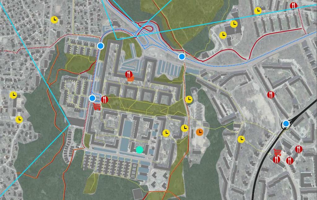 Västra kyrkogården Pennygången Högsboleden Fyrktorget Fyrkparken Ruddalen Planområdet med omgivande grönområden, stråk och service. Utdrag ur Program för Högsbohöjd.