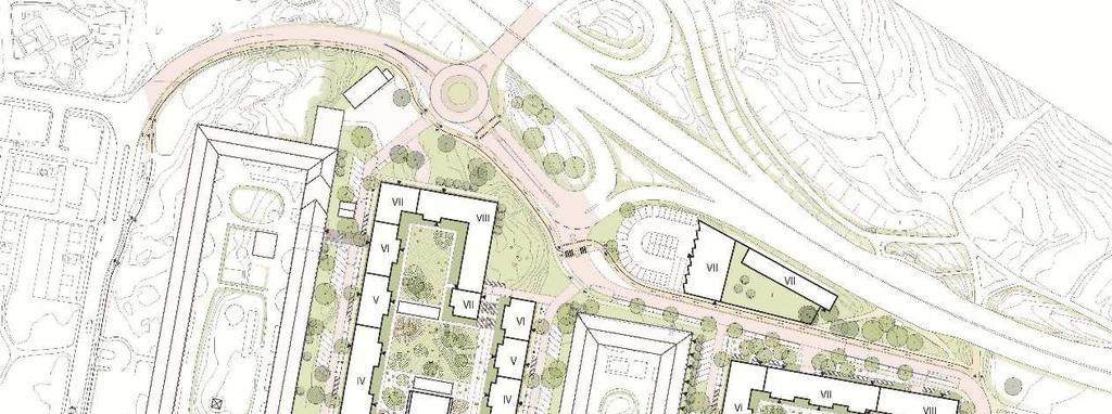 Illustrationsplan tillkommande bebyggelse. Illustration White arkitekter. Bebyggelse Detaljplanen ger möjlighet att uppföra flerbostadshus i 4-8 våningar norr om Pennygången.
