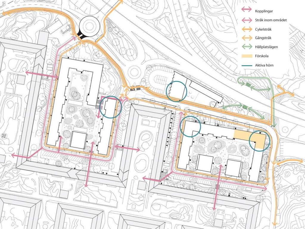 Stråk och rörelsemönster efter tillkommande byggnation, White Arkitekter.