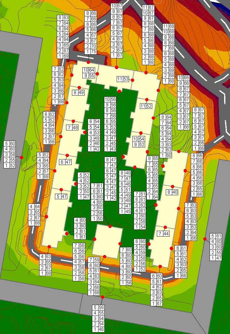 Bilden ovan är ett uttrag ur bullerutredningen och visar de maximala nivåerna 2 meter ovan mark samt per våningsplan i det västra kvarteret. Norconsult 2016-09-09.