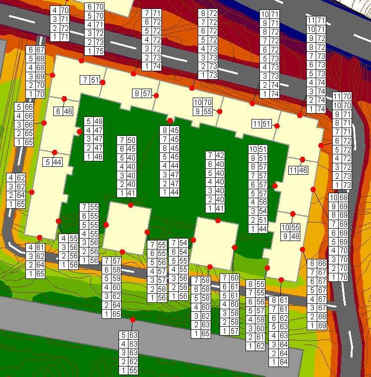 Bilden ovan är ett uttrag ur bullerutredningen och visar de maximala nivåerna 2 meter ovan mark samt per våningsplan i det östra kvarteret. Norconsult 2016-09-09.