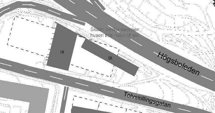 Bilden ovan visar det norra kvarterets placering och våningsantal enligt detaljplanens byggrätt. Norconsult 2017-04-05.