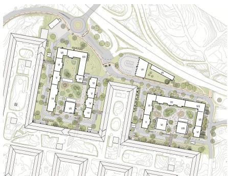 Illustrationsplan över planområdet. White arkitekter Planen möjliggör en komplettering med cirka 700 lägenheter med olika upplåtelseformer.