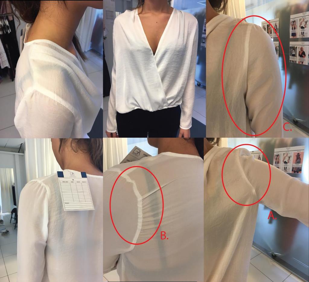 Det fjärde och sista exemplet är av liknande modell som det tredje exemplet, en omlott topp med en djup v-ringning fram, figur 5.