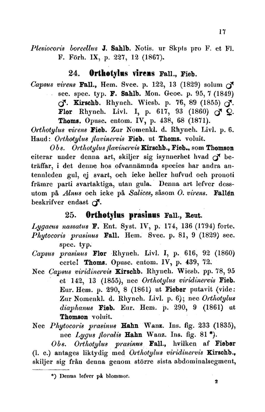 Plesiocoris boreedlls J. Sahlb. Notis. ur Skpts pro F. et FM F. Forh. IX, p. 227, 12 (1867). 24. Orthet~yls vireas Fall., Fieb. Capsug viren Fall., Hem. Svee. p. 122, 13 (1829) solur a see. spec. typ.