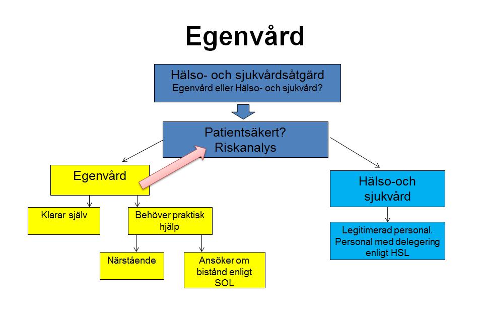 Egenvård eller Hälso- och sjukvård Det är den behandlande legitimerade yrkesutövaren som inom sitt anvarsområde ska bedöma om en hälso- och sjukvårdsåtgärd kan utföras som egenvård.