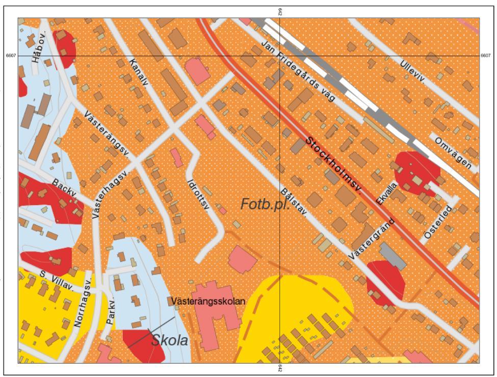 igur 2. eologisk karta, SU 2017. ult postglacial finlera, rött urberg, orangeprickat postglacial sand, blått morän (sandig-moig). Ungefärlig planområdesgräns i svart. 3.