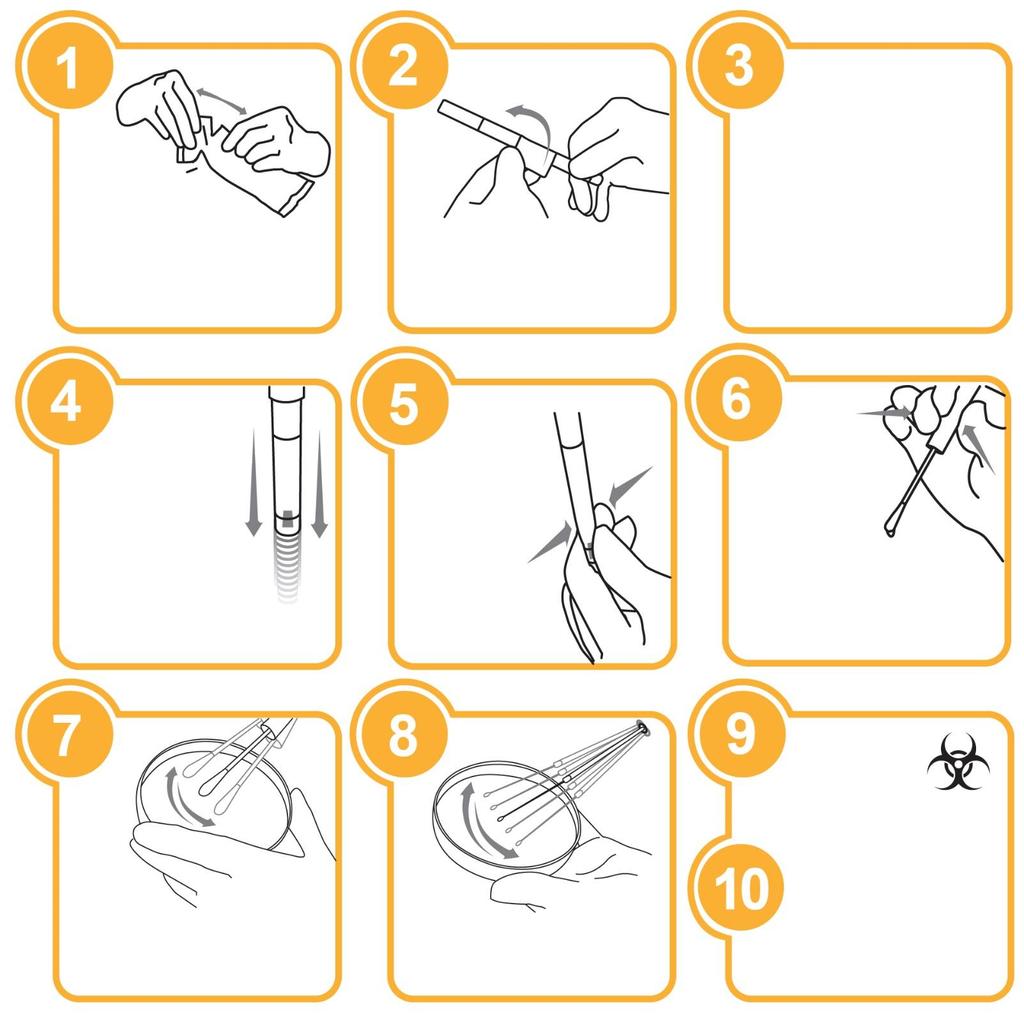 ILLUSTRERADE INSTRUKTIONER Knäck ampullen mot kanten av en bänk eller arbetsbord överst på KWIK-STIK (precis under ampullens vätskemenisk) i locket så att hydreringsvätskan frisläpps.