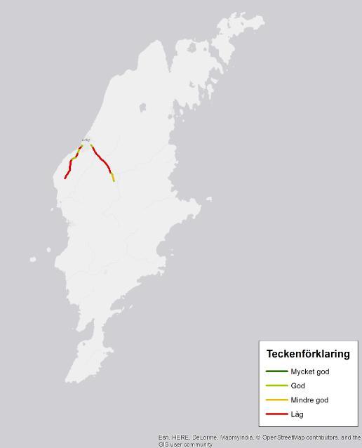 På Gotland har endast en mycket liten del av vägnätet trafiksäkerhetsklassats. Totalt 2,7 mil. Där största delen bedömts ha låg trafiksäkerhetsklass, se figur 29.