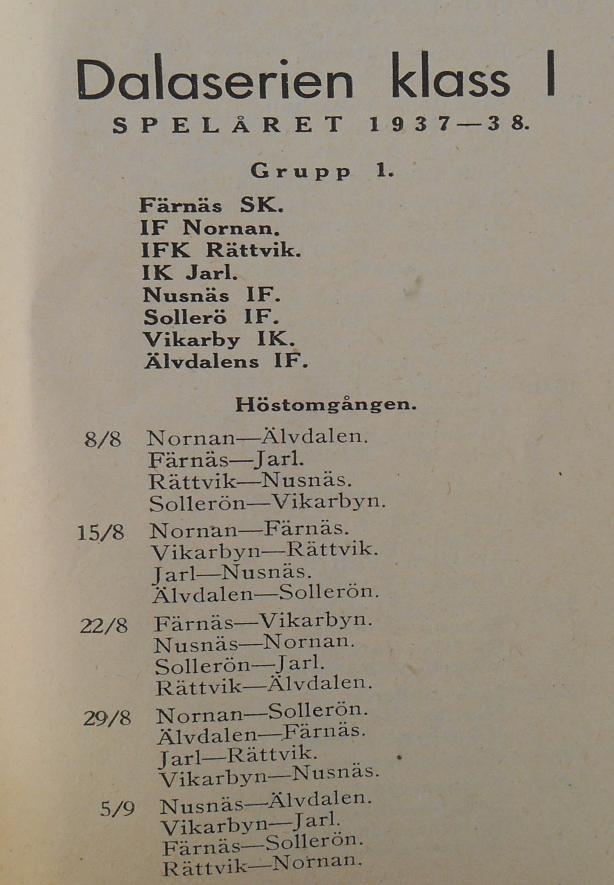 Färnäs Sportklubb 1937-1938. (Textkälla. Dalarnas Fotbollförbund, Årsberättelse 1937).