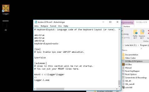 10 mount c c:\logger\logger 11 c: 12 LOGGER-L.exe 13 Avsluta och spara. 14 Nu skall Logger starta när du klickar på DOSBOX-ikonen. 15 Om du högerklickar på DOSBOX ikonen kan du byta namn till Logger!