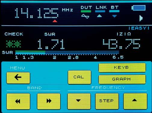 Här ser vi att antennsystemet ger en SWR av 1,71 och en impedans av 43,75 ohm. Man kan snabbt byta band eller stega upp och ner i frekvens. Vill man se resultatet i en graf finns en knapp för det.