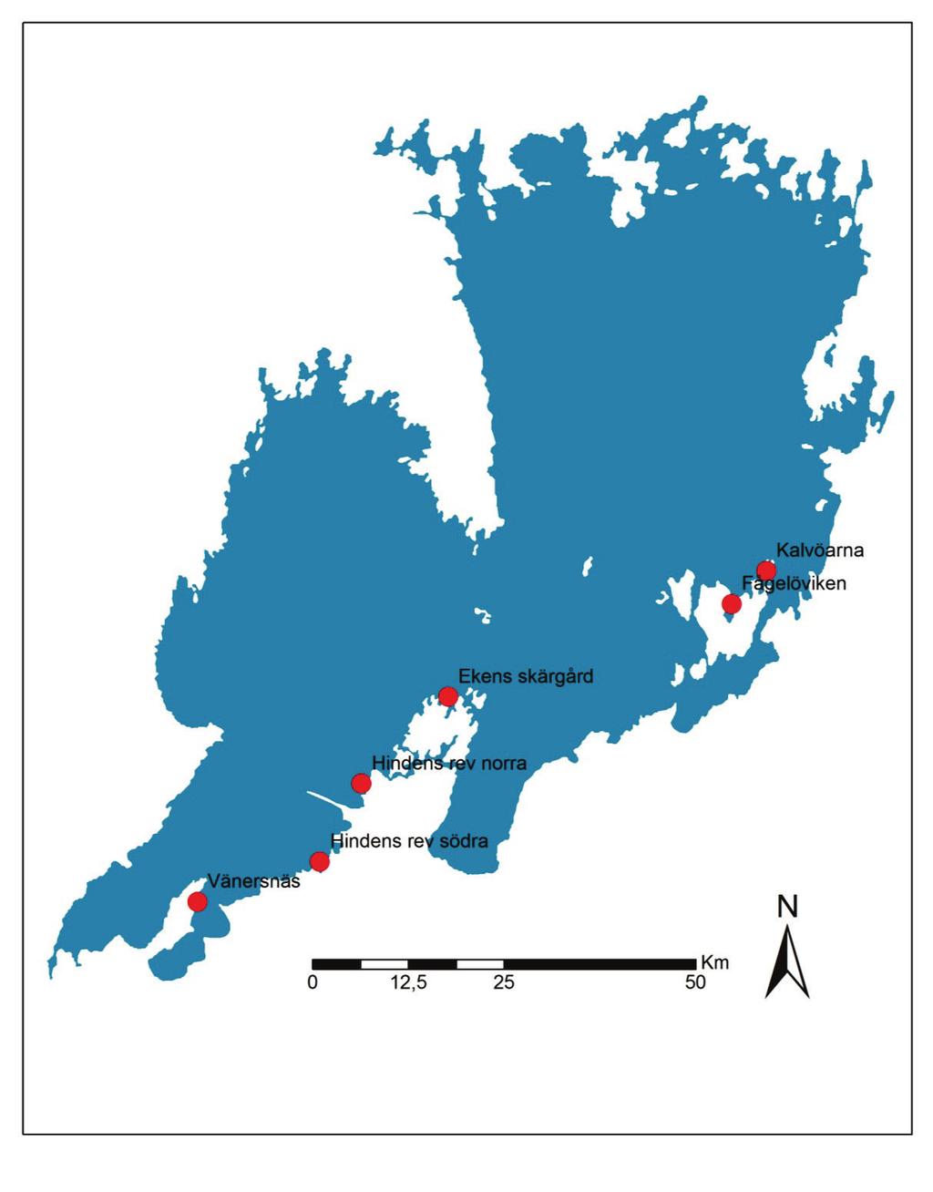 Lokalisering Delområdena är framförallt placerade i södra delar av Vänern och med delvis olika grad av exponering (figur 1).
