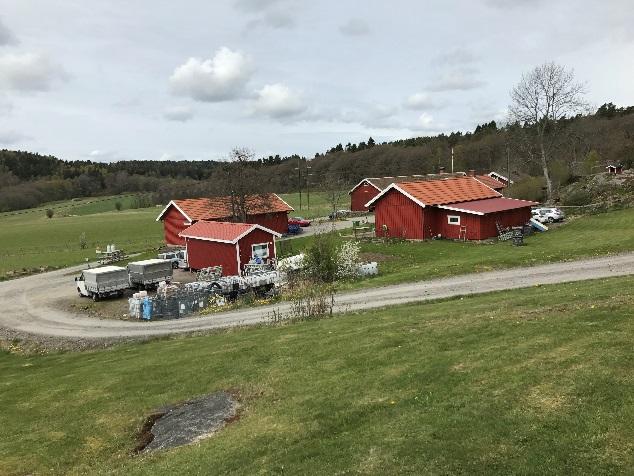gårdsbildning och med fasader av faluröd locklistpanel, sadeltak och lertegel.