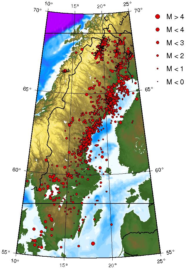 Jordbävningar i Sverige SNSN - Svenska Nationella Seismiska Nätet Största skalvet i modern tid: M 4.6, 1985, utanför Halmstad. 1904 i södra Oslofjorden: M 5.7-6 2004 Kaliningrad: M 5.